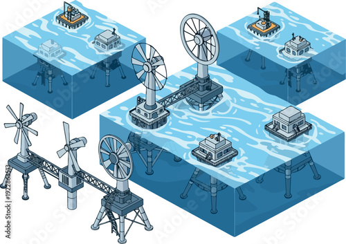 Renewable energy sources including wind turbines and hydroelectric power plants in a serene aquatic environment depicted from an aerial viewpoint