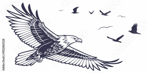 Majestic bald eagle soaring gracefully among a flock of birds in a serene sky