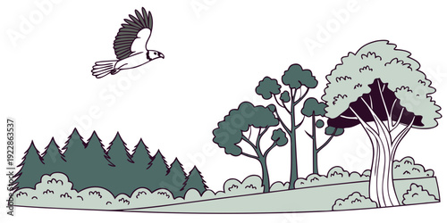 A serene landscape featuring a bird soaring over a peaceful forest and rolling hills