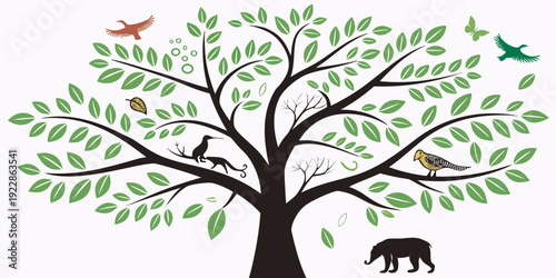 A serene forest scene featuring wildlife around a majestic tree