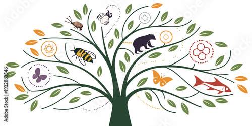 A whimsical tree adorned with diverse fruits, animals, and flowers symbolizing nature's bounty.