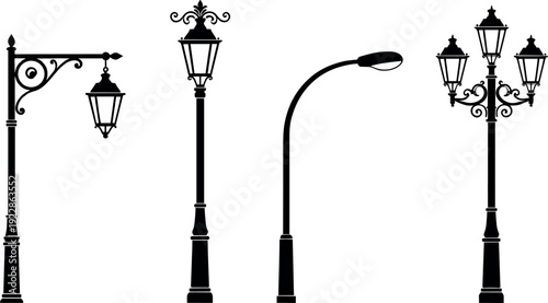 Collection of vintage and modern street lamp silhouettes featuring ornate Victorian gas lights traditional wrought iron lamp posts and curved urban highway lighting