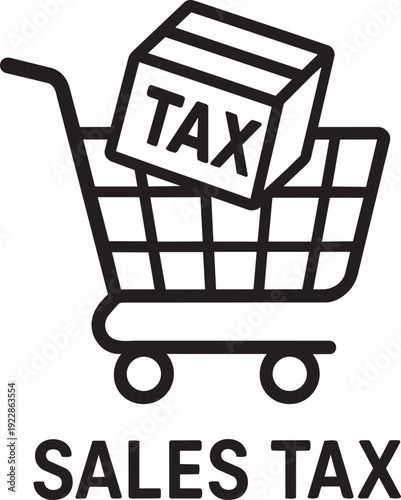 Vector outline icon of a retail shopping cart containing a tax box representing consumer sales tax