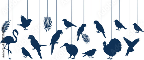 Minimalist Blue Bird Silhouette Collection Featuring Flamingo Parrot Kiwi and Turkey Hanging on Strings for Tropical Nature and Wildlife Graphic Design Backgrounds