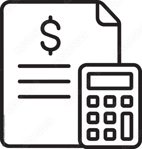 Minimalist line drawing of a financial reporting paper document next to a calculator for tax accounting