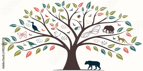 A vibrant tree adorned with diverse animals and colorful leaves in a whimsical forest scene.