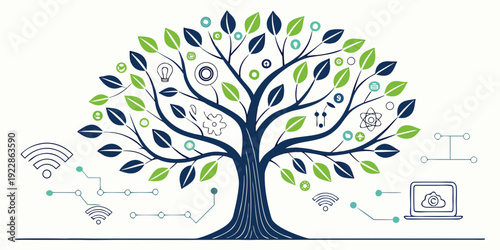 A vibrant tree illustrating growth, knowledge, and technological integration in nature.