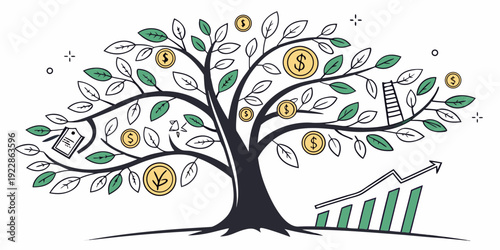 Growth and prosperity symbolized by a tree with coins and graphs as leaves