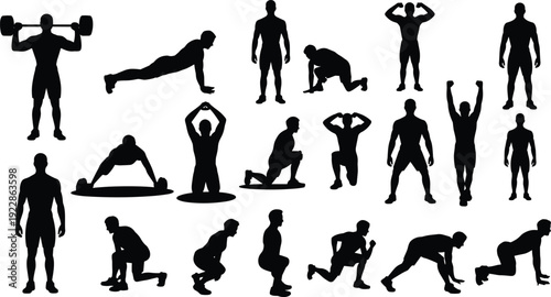 Bodybuilder and fitness training silhouette set, men workout poses with weights and exercises isolated black vector collection