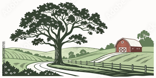 A serene countryside scene with a large tree and quaint farmhouse in the background