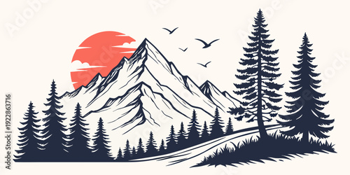 Serene mountain landscape under a dramatic sunset sky