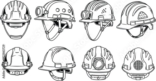 Industrial safety helmets collection construction hard hats protective engineering equipment worker gear vector illustration isolated set