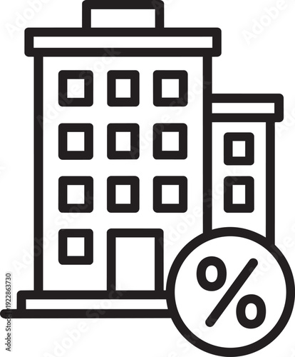 Clean outline vector illustration of an office building with a percentage symbol for corporate business tax