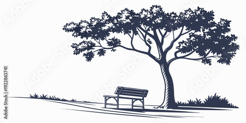 A solitary bench beneath a sprawling tree in a serene countryside setting
