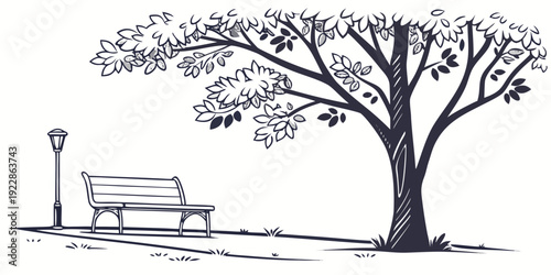 A solitary bench beneath a sprawling tree in a tranquil park setting.