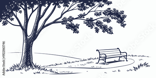A serene park bench beneath the shade of a solitary tree on a quiet day