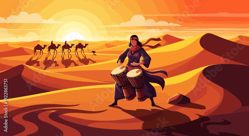 Musician playing drums in desert at sunset.