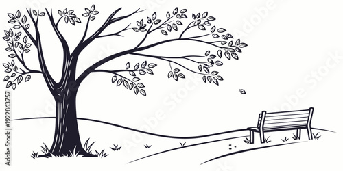 A serene countryside scene featuring a tree and a lone bench under the open sky