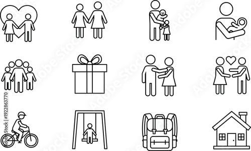 Set of minimalist family life icons including parents with children school supplies home and outdoor activities for web and app design