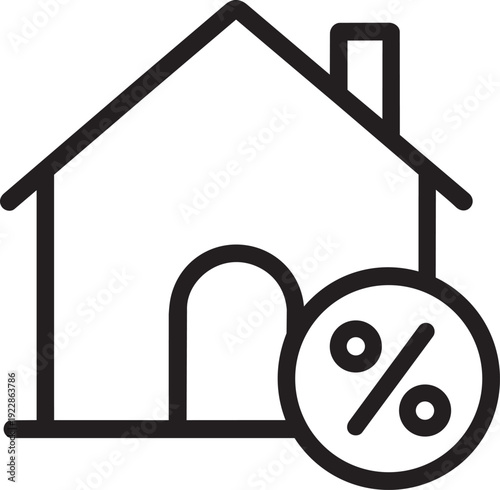Thin line vector design of a residential property house containing a percentage symbol representing real estate tax