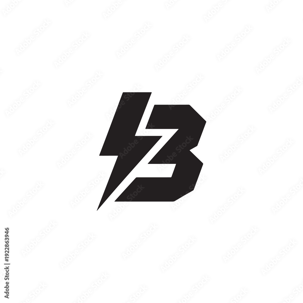 Fototapeta premium Bold black lightning bolt symbol intersecting stylized letter b on white background