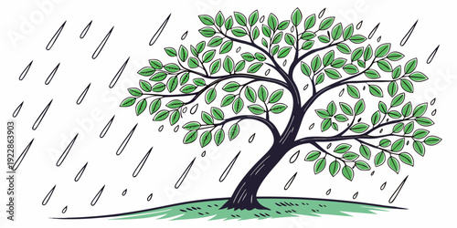 A serene illustration of a tree standing strong amidst gentle falling rain