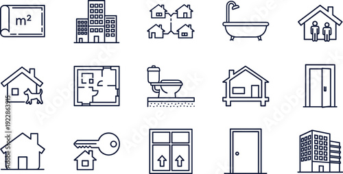 Real Estate Property Icons Set Including House Plan Bathroom Key Window And Building Outline