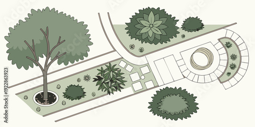 Aerial view of a small urban park with walking paths and greenery