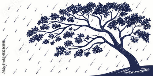 A serene monochromatic tree standing amidst a gentle rain shower