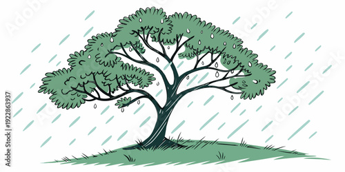 A serene tree standing tall amidst a gentle rain shower under a clear sky