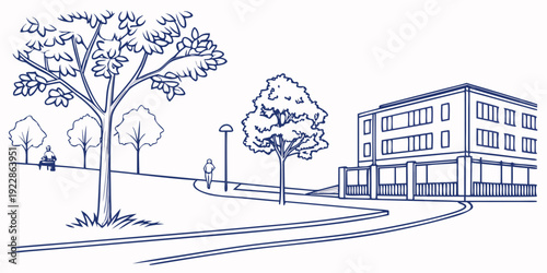 A serene urban scene featuring a building and a park with trees along a quiet street.