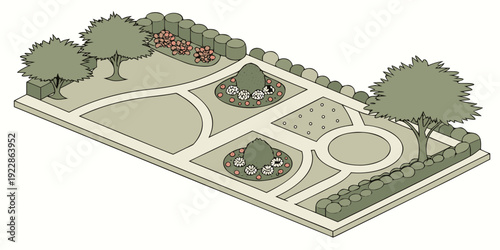 Aerial view of a meticulously designed garden with pathways and water features