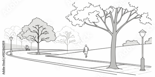 A serene park scene featuring a person walking along a path between two trees.