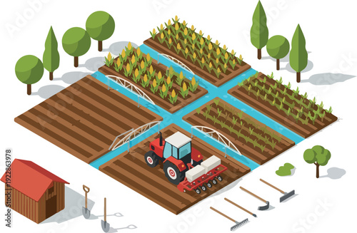 Aerial view of a farm landscape with a tractor cultivating crops in a divided agricultural field surrounded by trees and a small shed
