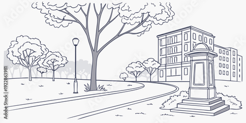 A quiet urban scene featuring a park bench and a historical building near trees.