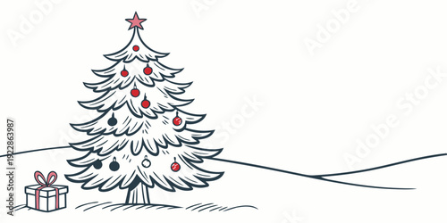 A charming hand-drawn christmas tree with a gift box and festive decorations