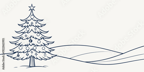 A minimalist sketch of a christmas tree beside a wavy line representing a path or river