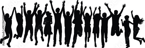 Black silhouettes of people jumping with arms raised 1