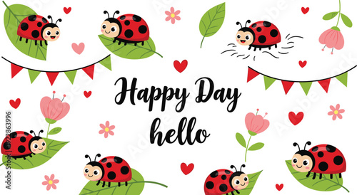 Cute ladybug pattern with flowers hearts and happy day text vector illustration
