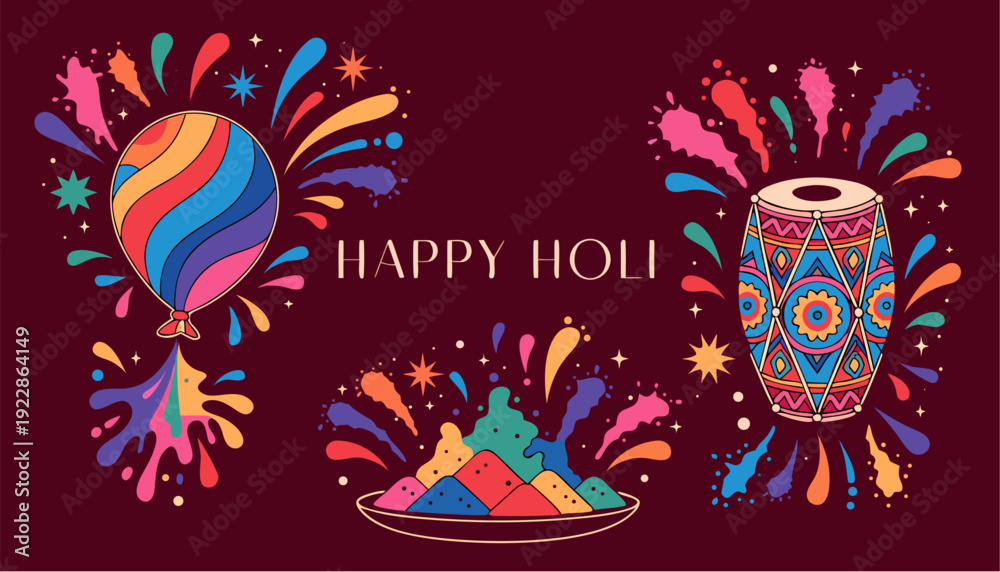 Obraz premium A vibrant vector graphic illustration celebrating Holi with colorful paint splatters, a balloon, and a drum