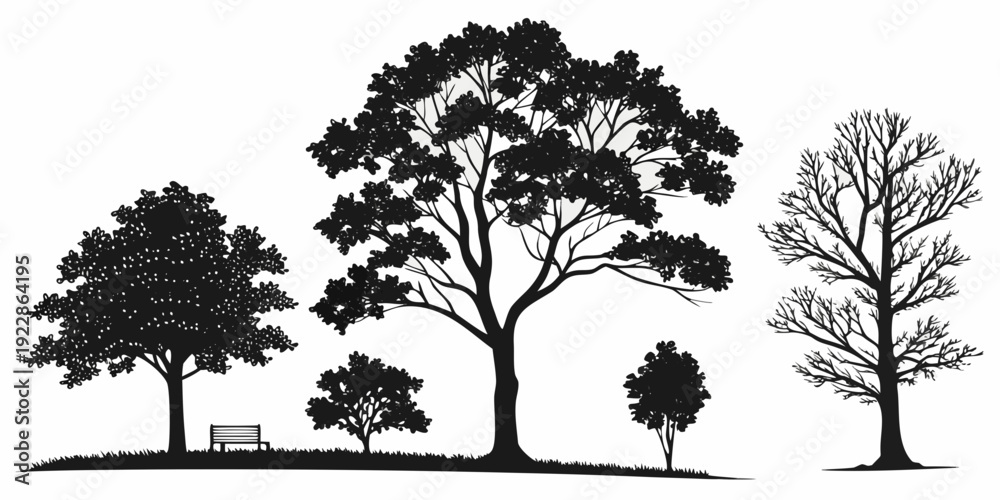 Fototapeta premium Silhouettes of four trees against a plain background showcasing varying foliage and shapes.