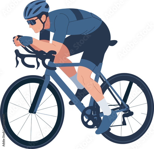 Flat vector art of a professional cyclist in a navy blue kit and helmet racing on a road bike. Perfect for triathlon branding, cycling gear marketing, and athletic lifestyle graphics.