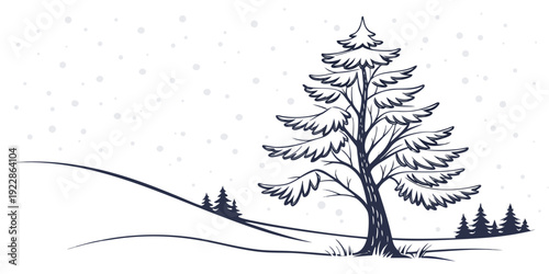 A solitary pine tree standing tall on a gentle, wind-swept hillside