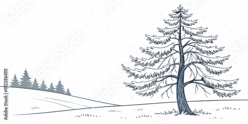 A solitary pine tree standing tall amid a serene and slightly hilly winter landscape