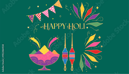 A vibrant vector graphic illustration celebrating Holi with colorful powders and festive decorations