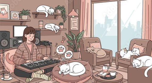 Person playing keyboard surrounded by sleeping cats in a cozy room.