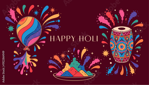 A vibrant vector graphic illustration celebrating Holi with colorful paint splatters, a balloon, and a drum