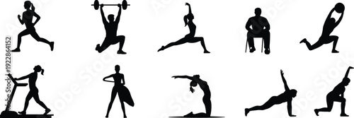 Fitness and workout silhouette collection, men and women training exercises isolated black vector illustration set