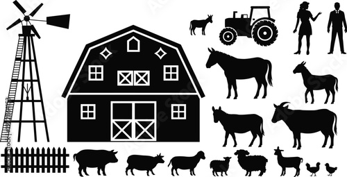 Farm Silhouette Vector Illustration with Barn Windmill Tractor Livestock Animals and Farmers Isolated on White Background Design Rural Agriculture Scene