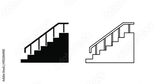 Black and white illustration of stairs with handrails viewed from two angles